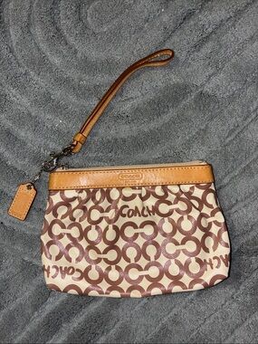 Coach Brown Signature Canvas Wristlet with Tan Leather Trim